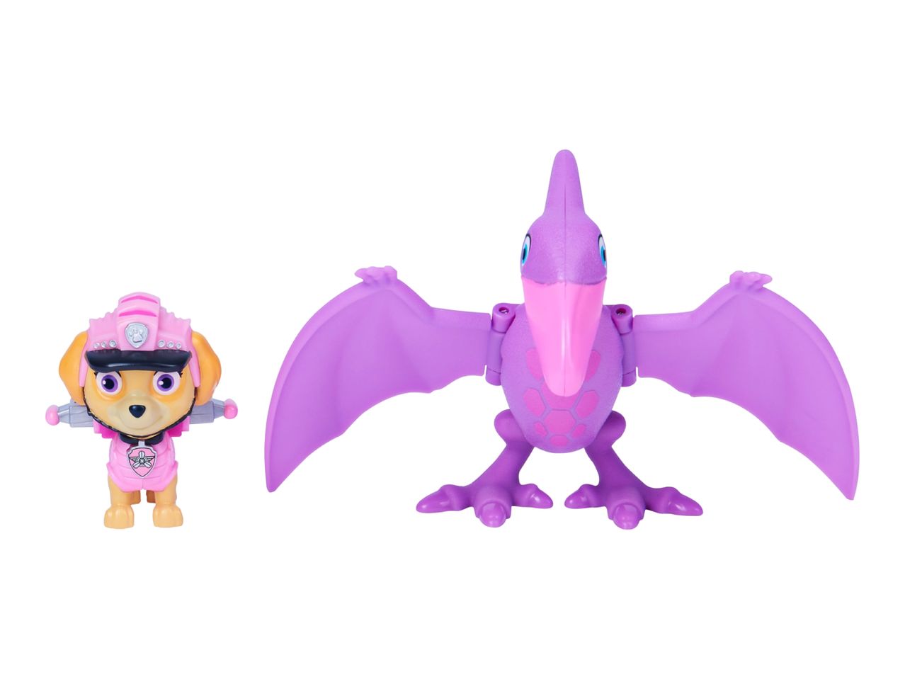 Pink dog figure with a helmet and a purple pterodactyl toy.