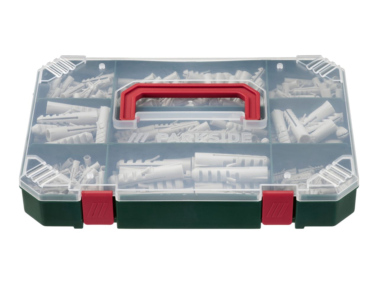 Organizer box filled with various sizes of white wall plugs, featuring a red handle and latches.