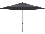 Dark grey garden umbrella with a silver pole, providing shade.