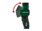 Cordless work light with an adjustable head, showing its rotation range with a red arrow.