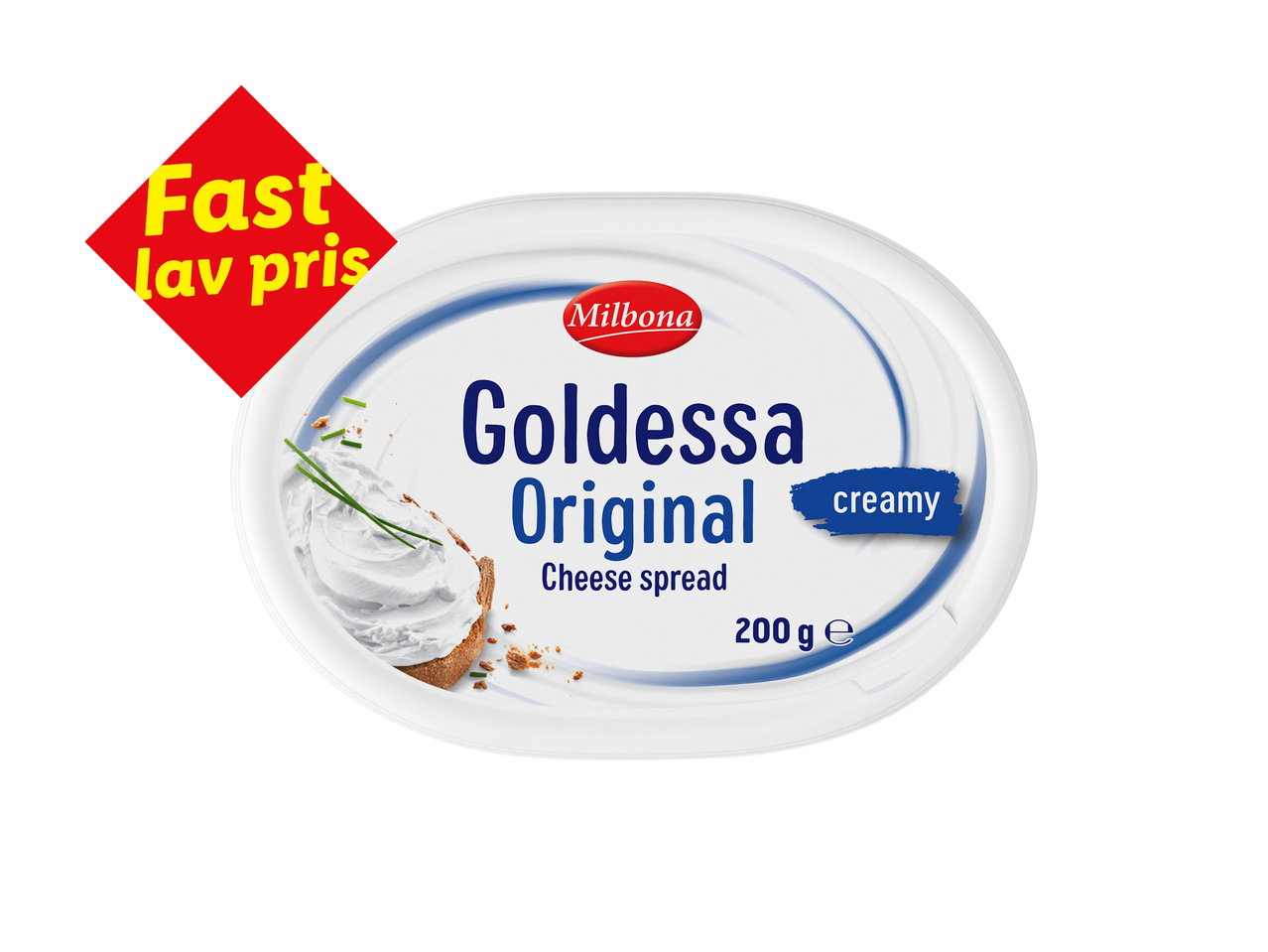 En beholder med cremet ostespread, med et stykke brød og purløg, og et rødt mærke med teksten 'Fast lav pris'.