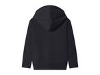 Rear view of a plain black hoodie with a hood and ribbed cuffs and hem.