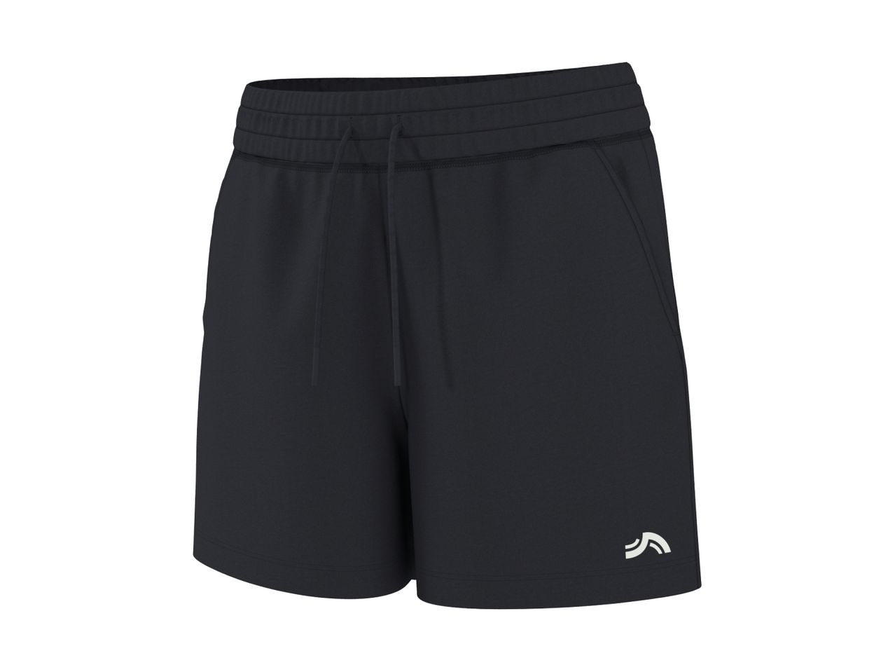 Black athletic shorts with a drawstring waist and a small white logo on the left leg.