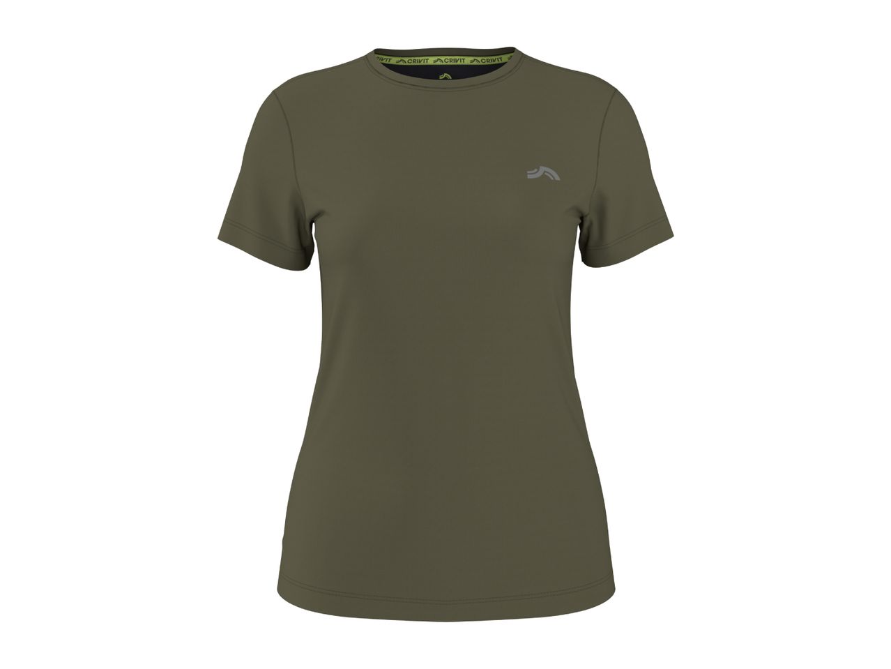 Dark green short-sleeved sports t-shirt with a small grey logo on the chest.