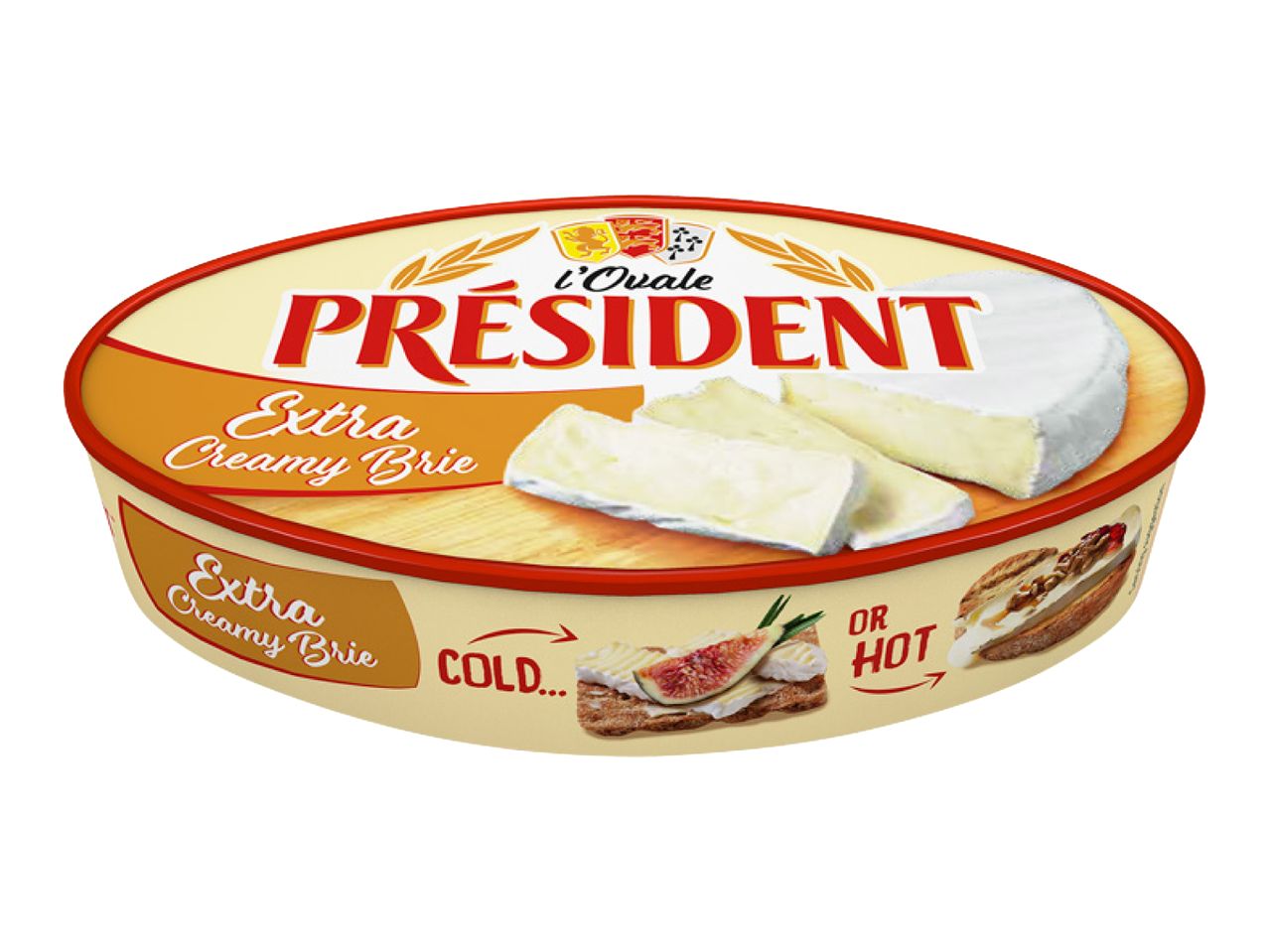 Président Extra Creamy Brie cheese in a round container, with serving suggestions.
