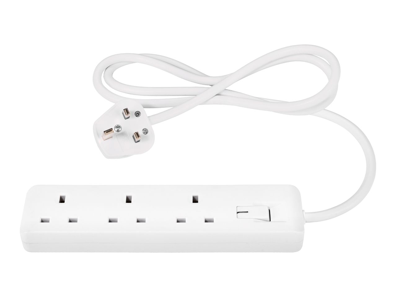 White 4-gang extension lead with a UK plug and an on/off switch.