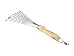 Small hand rake with a wooden handle and a leather hanging loop.