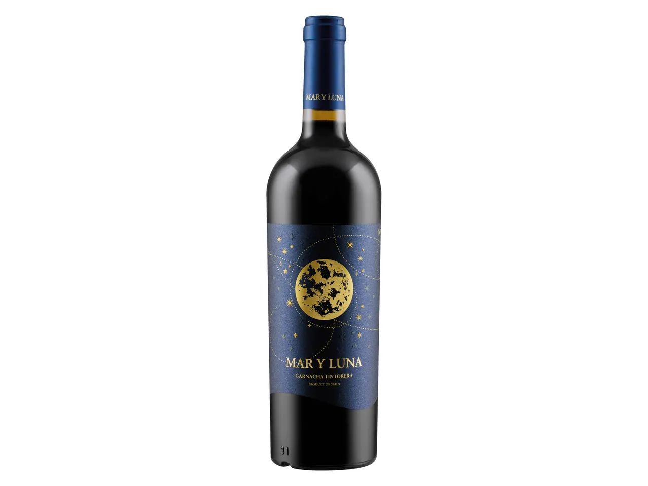 A bottle of Mar y Luna Garnacha Tintorera red wine with a blue and gold moon and stars label.