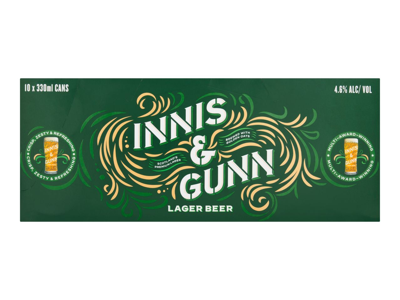 Innis & Gunn Lager Beer 10 x 330ml cans, 4.6% ABV, with 'Crisp, Zesty & Refreshing' and 'Multi-Award-Winning' labels.