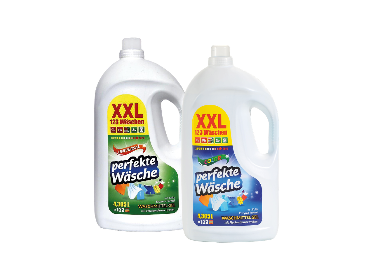 Dva XXL pakiranja Perfect Wäsche tekućeg deterdženta za rublje, univerzalni i za obojeno rublje.