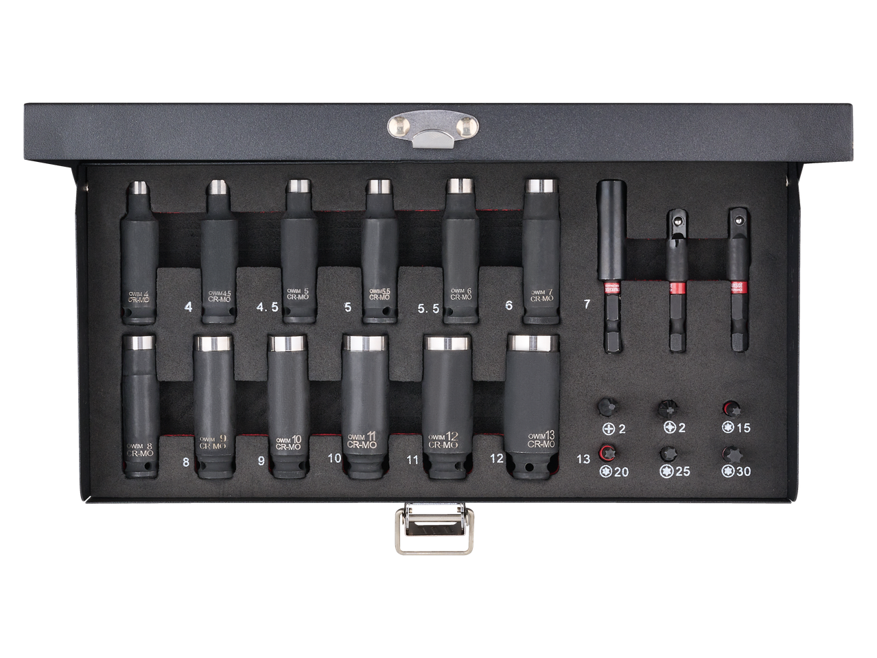 Parkside® smūginių veržliarakčių ir antgalių rinkinys su dydžiais nuo 4 iki 13 mm ir antgaliais nuo 15 iki 30.