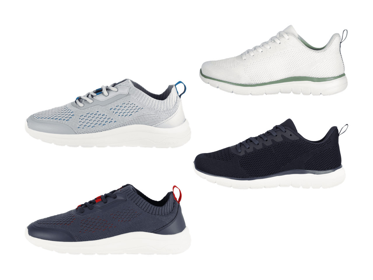 Vier Paar Volax-Sneaker in verschiedenen Farben: Grau, Weiß, Marineblau und Dunkelblau.