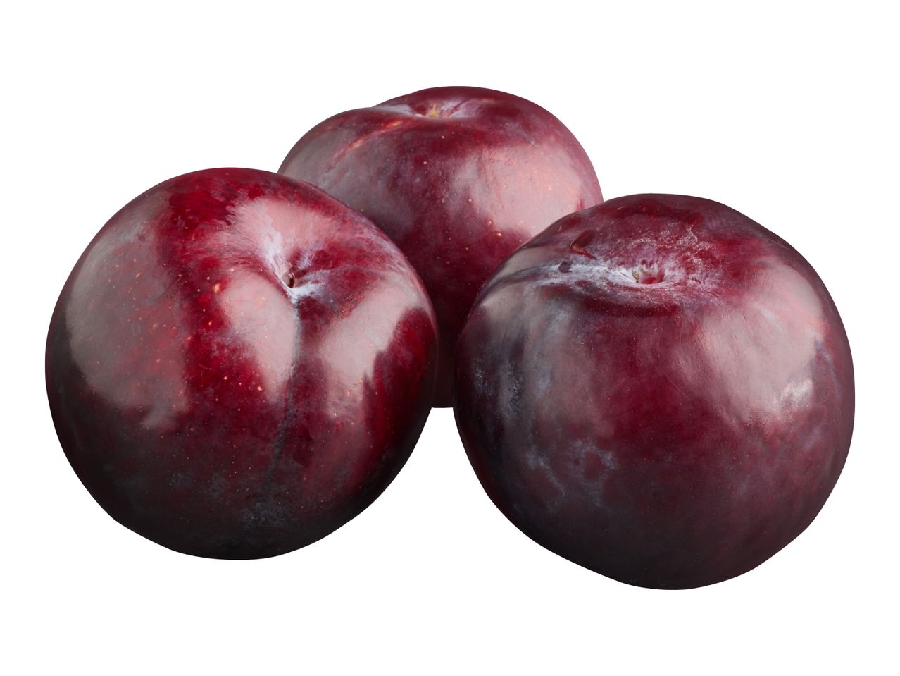 Three ripe, dark red plums with a slight bloom, arranged closely together.