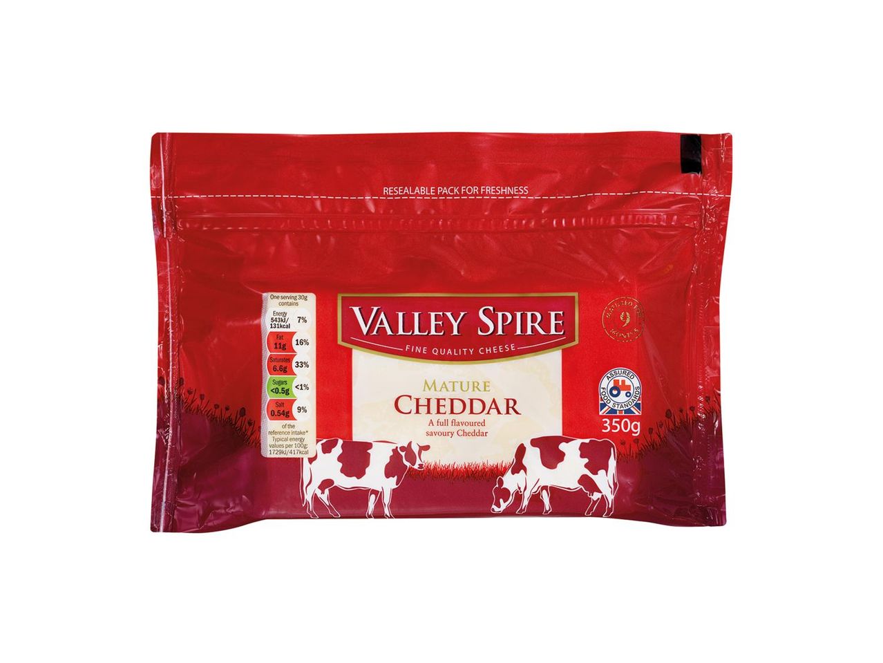 350g Valley Spire Mature Cheddar cheese.