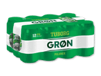 En 12-pakke grønne pilsnerøl dåser med hvid og grøn etiket.