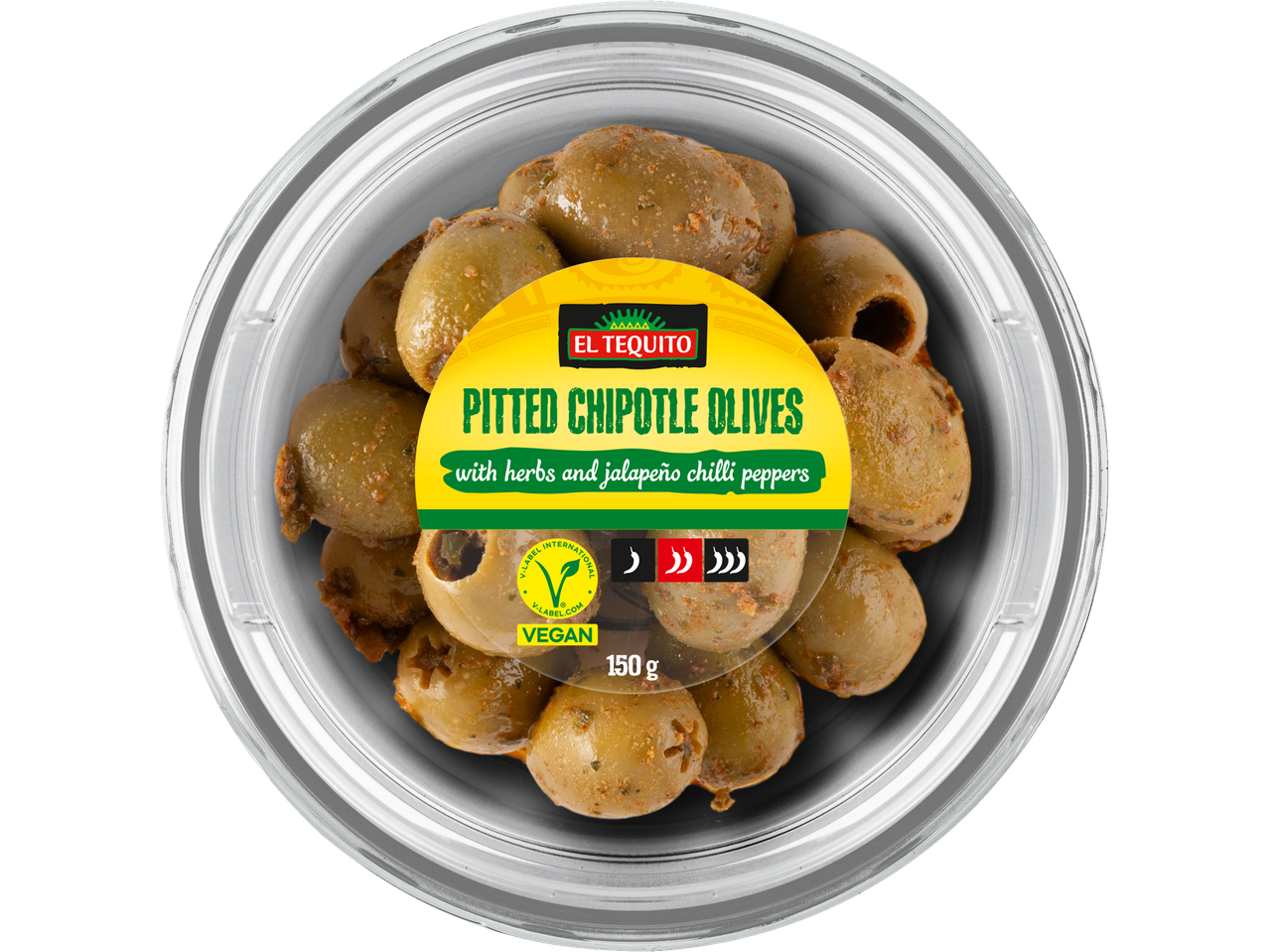 El Tequito pitted chipotle olives with herbs and jalapeño chilli peppers.