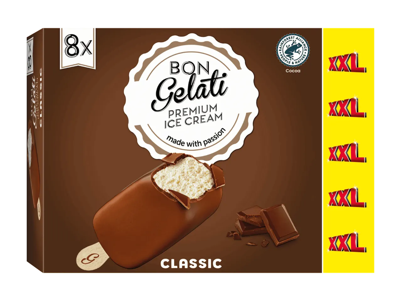 Bon Gelati Classic Eispackung mit 8 Eiscremes und Schokoladenstücken.