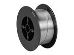 A spool of silver welding wire on a black plastic reel.