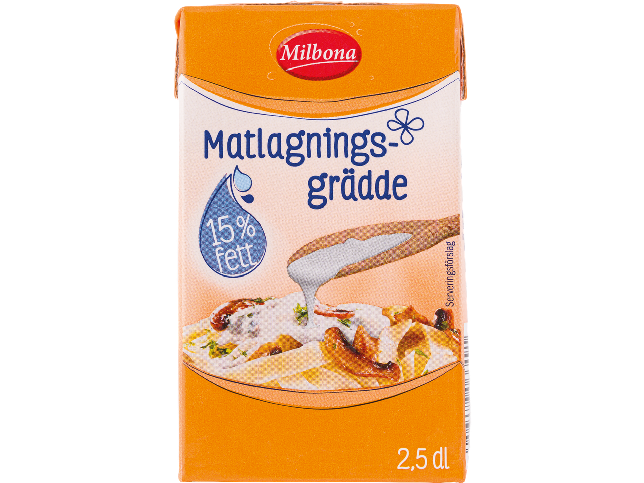 Milbona matlagningsgrädde 15% fett med bild på pasta och svamp.