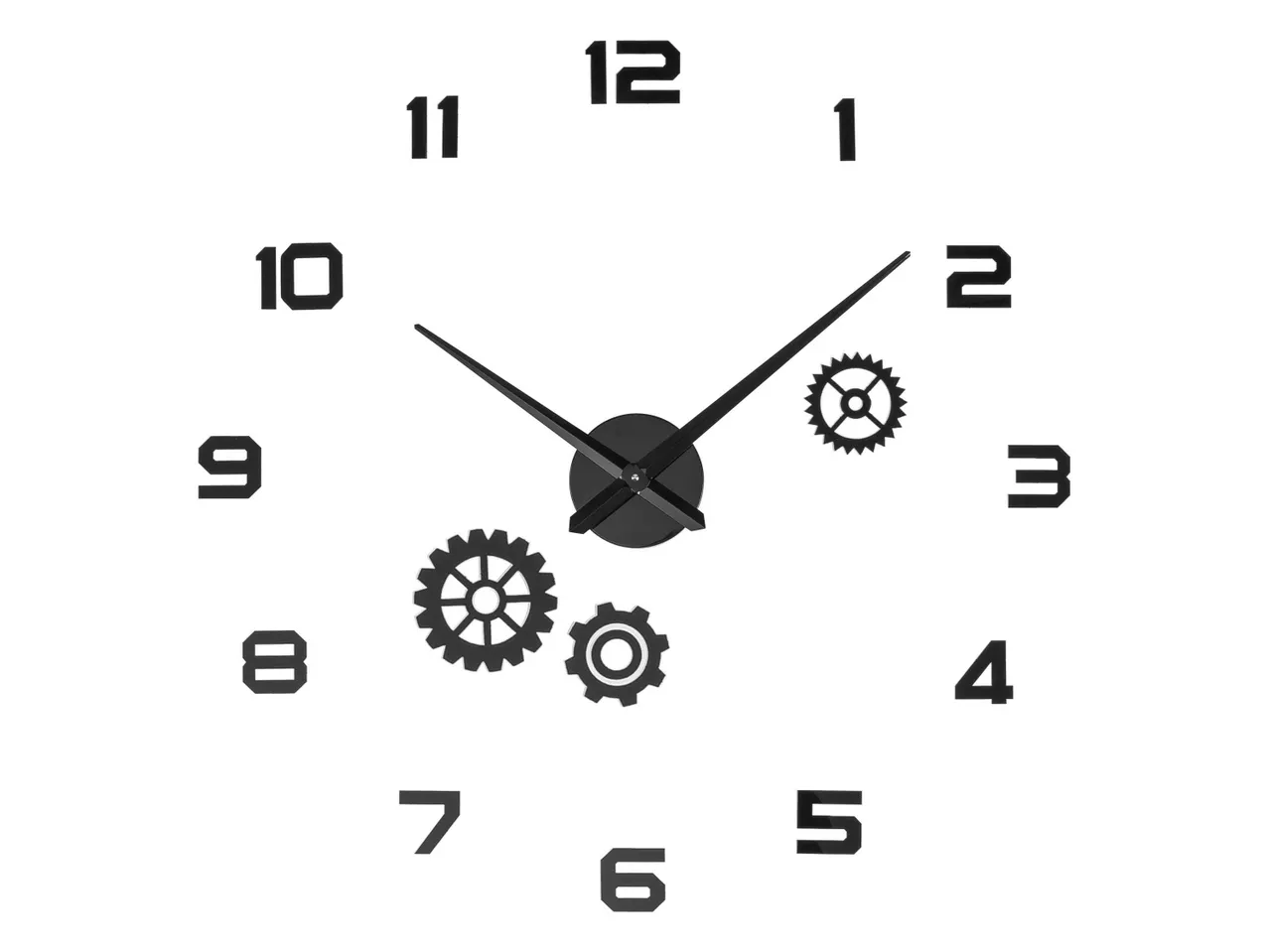 Orologio da parete con numeri grandi e ingranaggi decorativi.