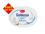 En pakke let flødeost med 11% fedt, 200g, med et rødt skilt der siger 'Fast lav pris'.