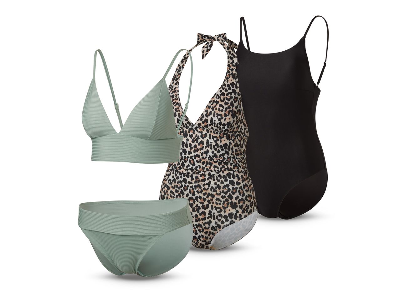 Tri kupaća kostima: zeleni bikini, leopard print jednodijelni i crni jednodijelni.