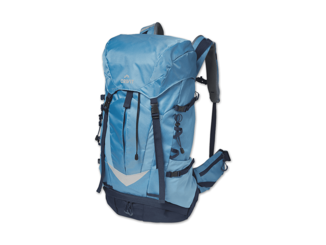 Blauer Crivit Wanderrucksack mit grauen Akzenten auf schwarzem Hintergrund.