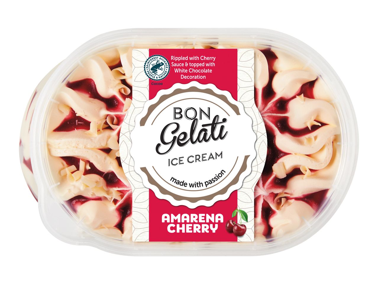 Inghețată Bon Gelati cu cireșe amarena, decorată cu sos de cireșe și ciocolată albă.