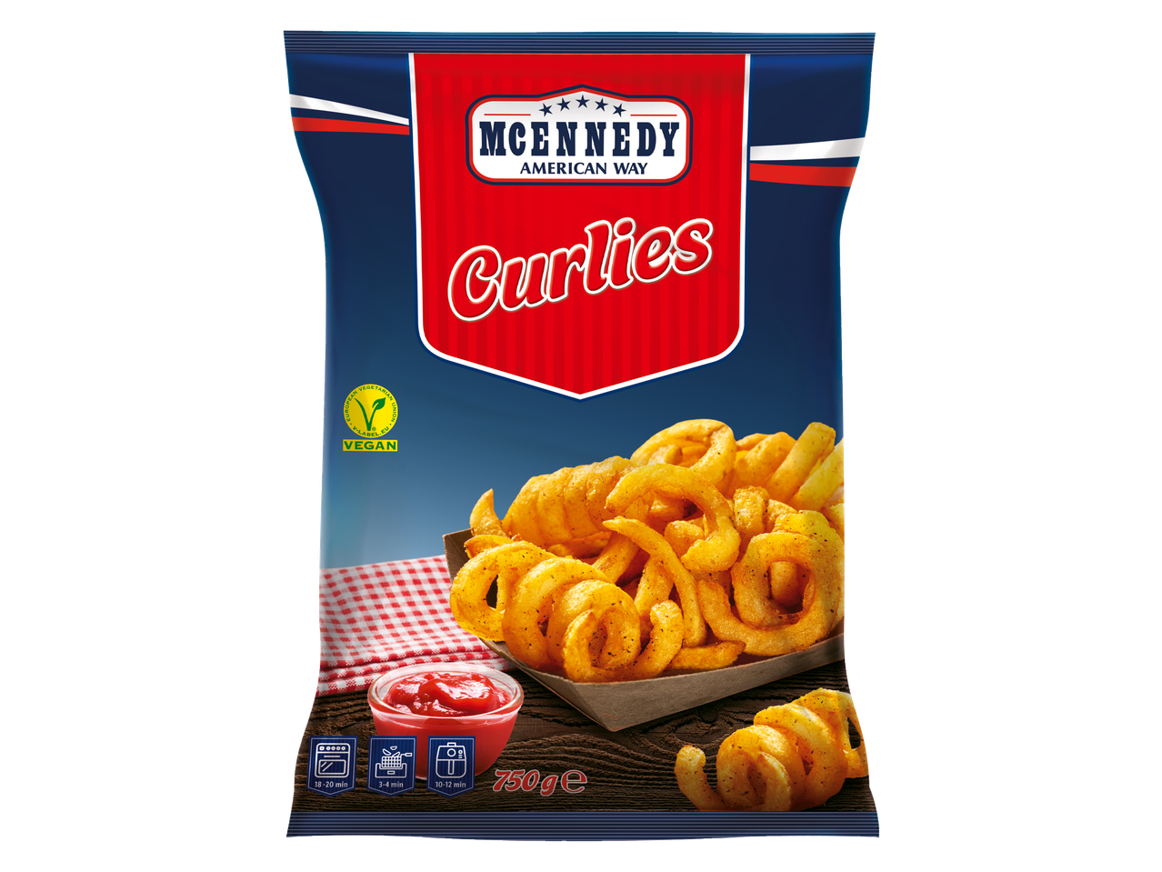 McEnnedy American Way Curlies: cartofi prăjiți vegani, congelati, ondulați, cu ketchup.