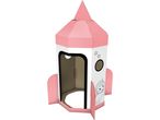 Pink cardboard rocket playhouse for kids, featuring a unicorn astronaut design.