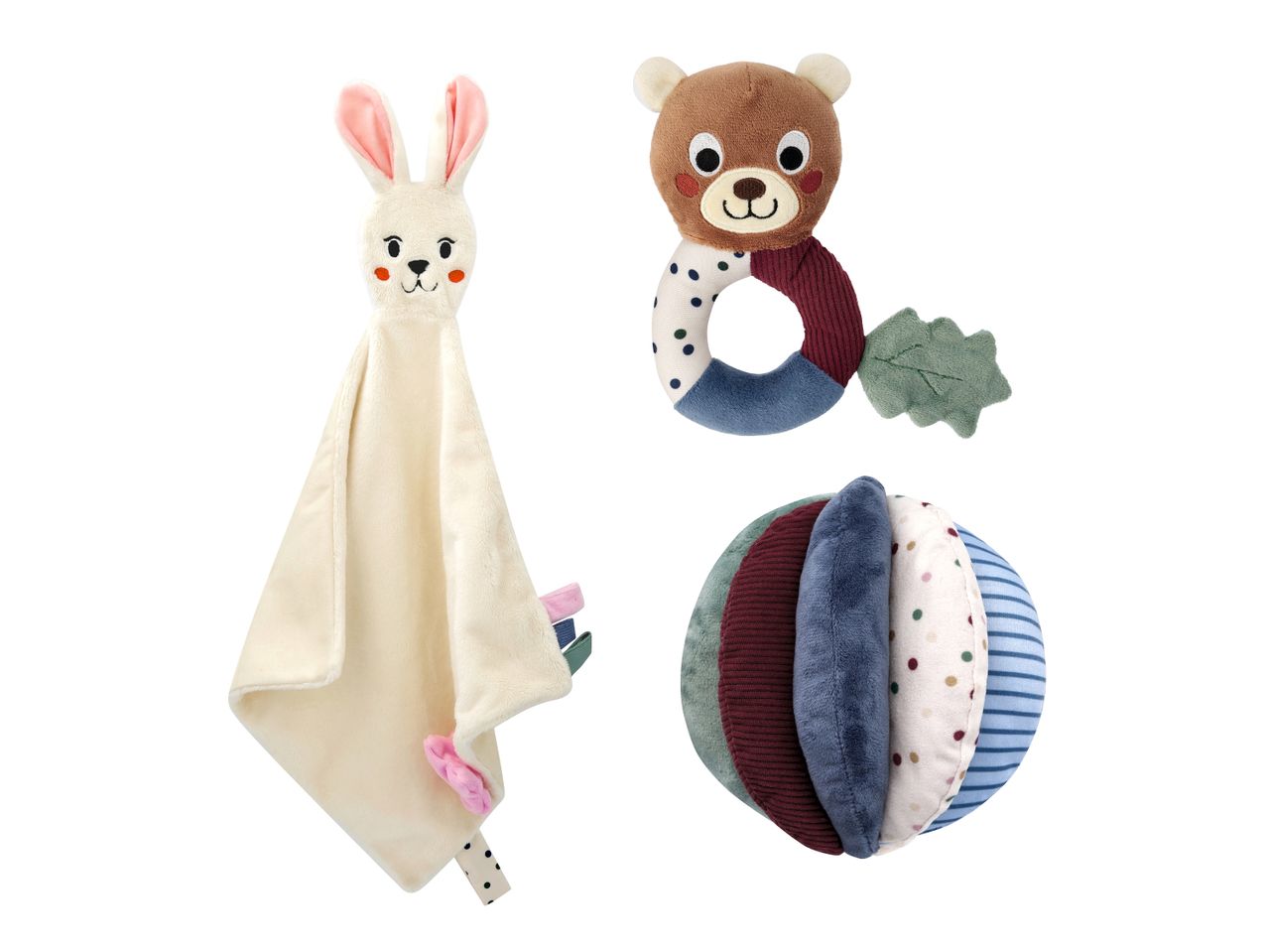 Weißes Hasen-Schmusetuch, Bären-Greifling und bunter Stoffball für Babys.