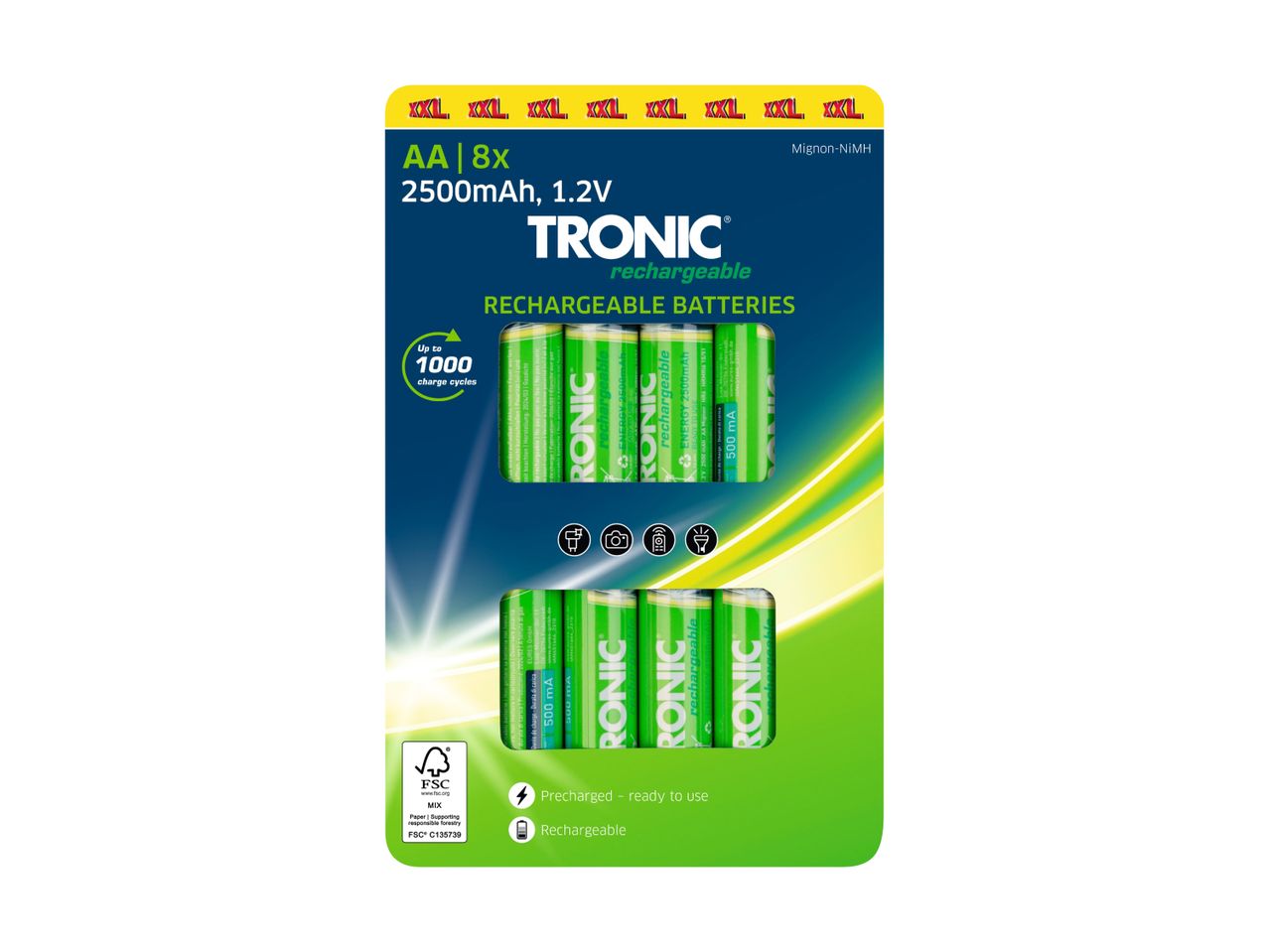 8 TRONIC AA genopladelige batterier (2500mAh) i en grøn emballage.