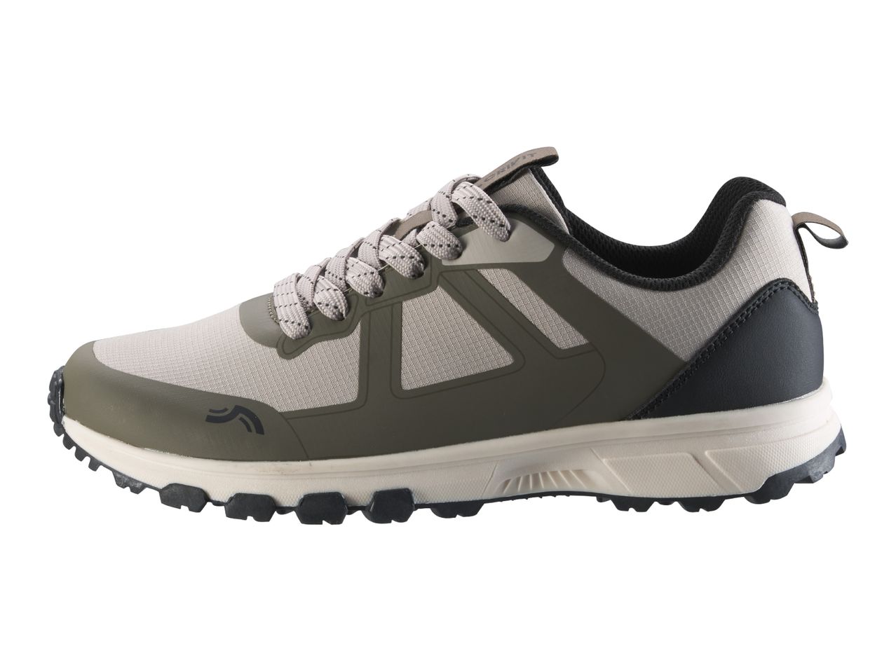 Men's grey and olive green hiking shoe with a textured sole
