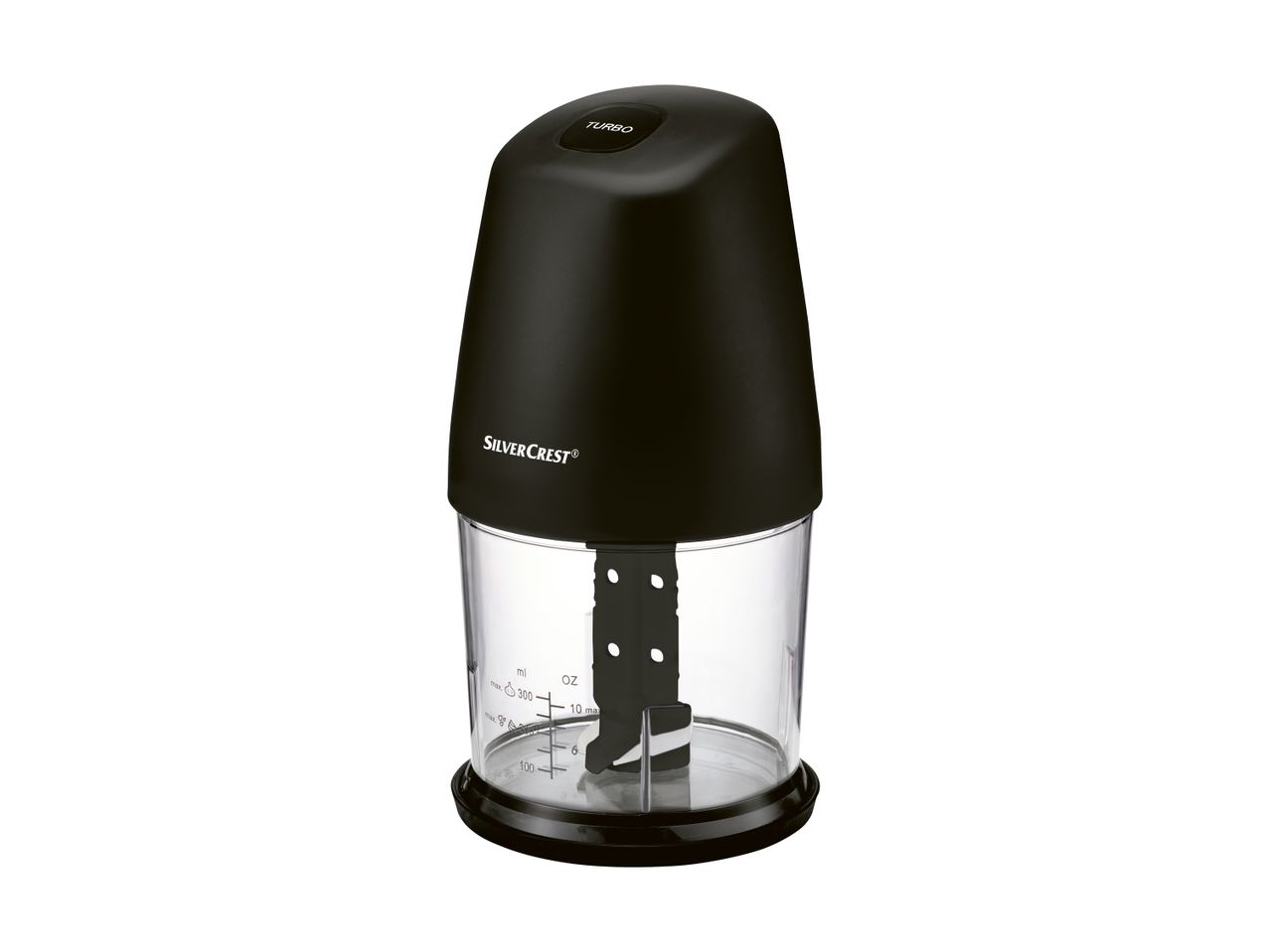 SilverCrest food chopper with a black motor unit and clear bowl with measurements.