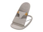 Light grey baby bouncer with an orange safety harness and a tray at the bottom.