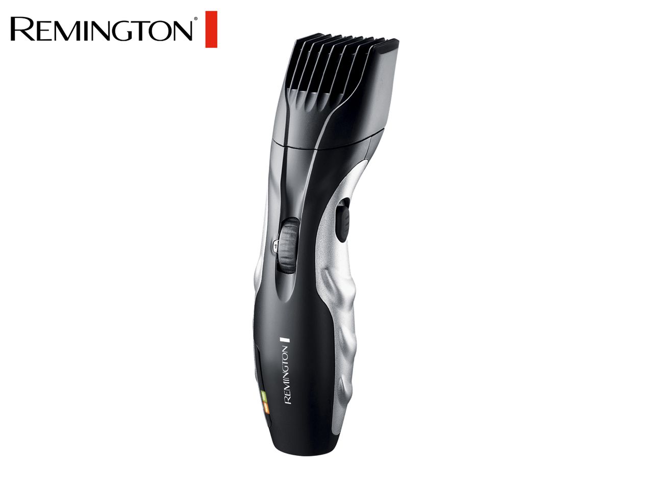 Remington beard trimmer in black and silver with an adjustable comb and power indicator.