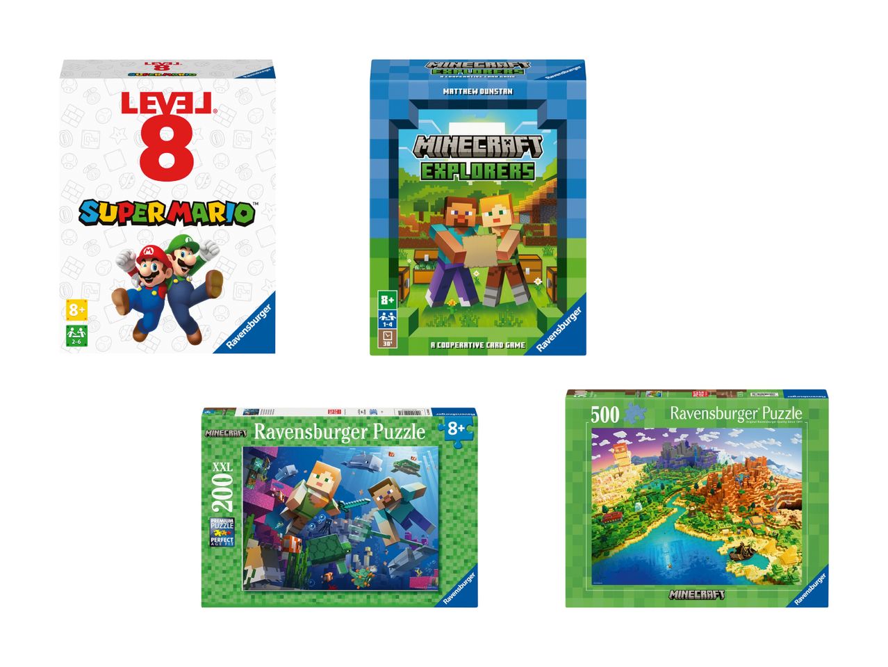 Super Mario Level 8 kortspil og to Minecraft puslespil og et Minecraft kortspil.
