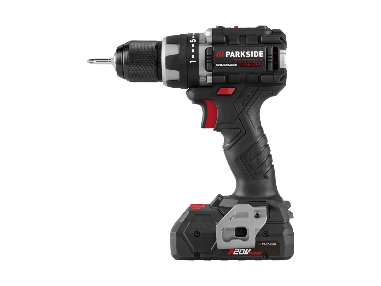 Cordless drill with a 4.0Ah battery, featuring a brushless motor and 60Nm torque.