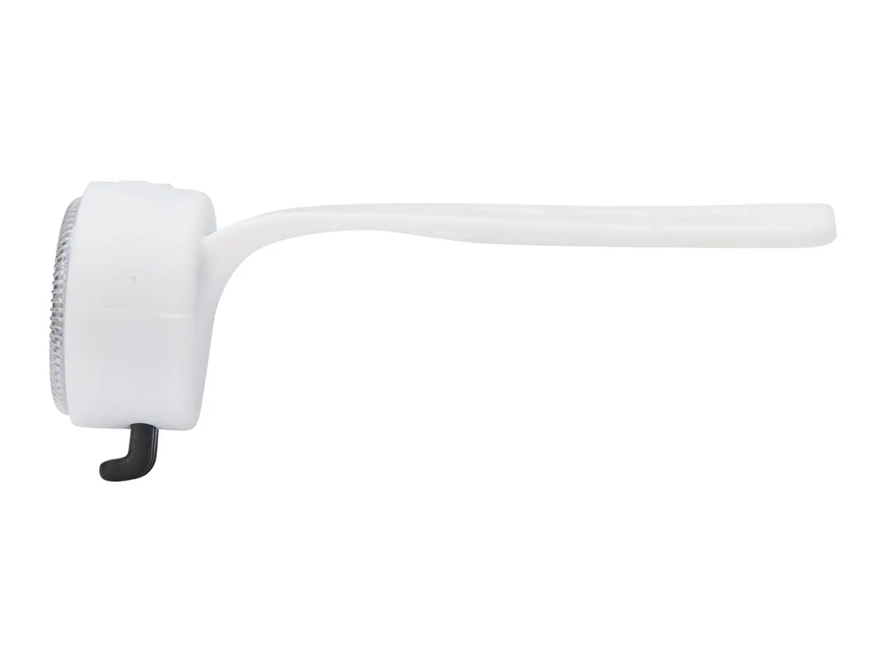 White bicycle light with a clear lens and a black hook, viewed from the side.