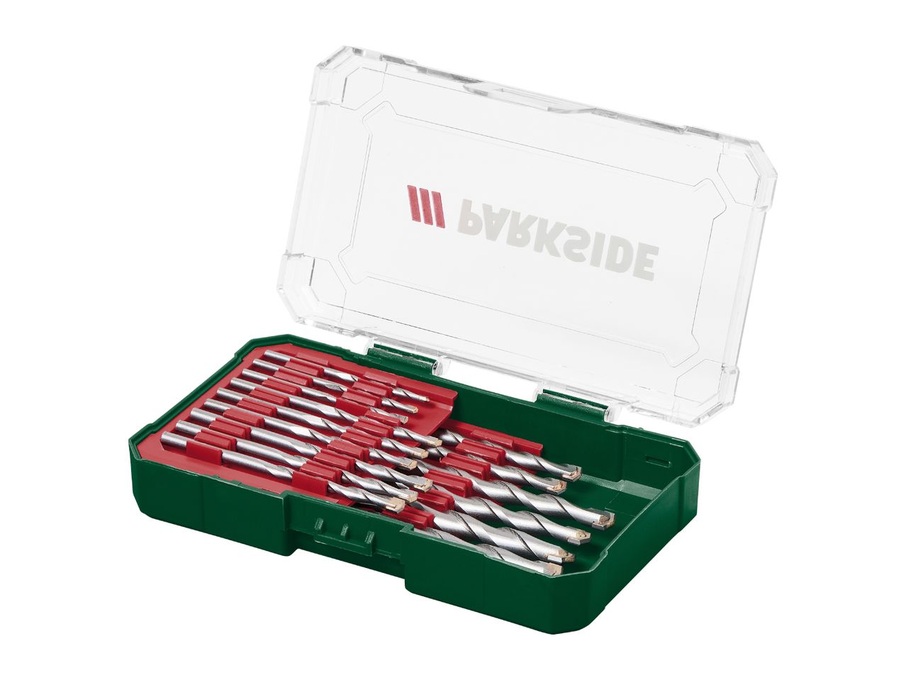 A set of drill bits in a green and red case with a clear lid, featuring the Parkside logo.