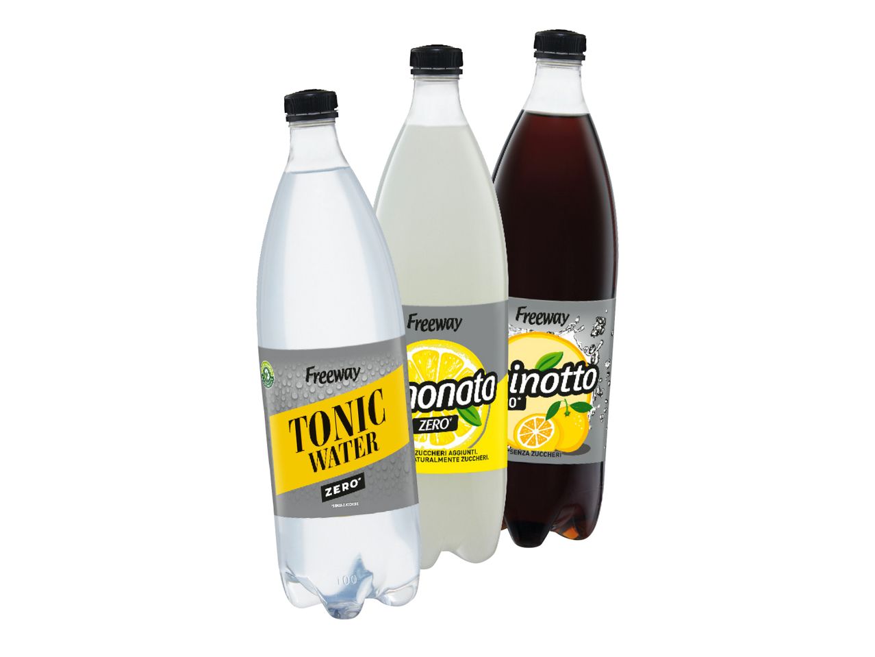 Freeway's Lemonata Zero, Tonic Water Zero, and Chinotto Zero beverages in plastic bottles.