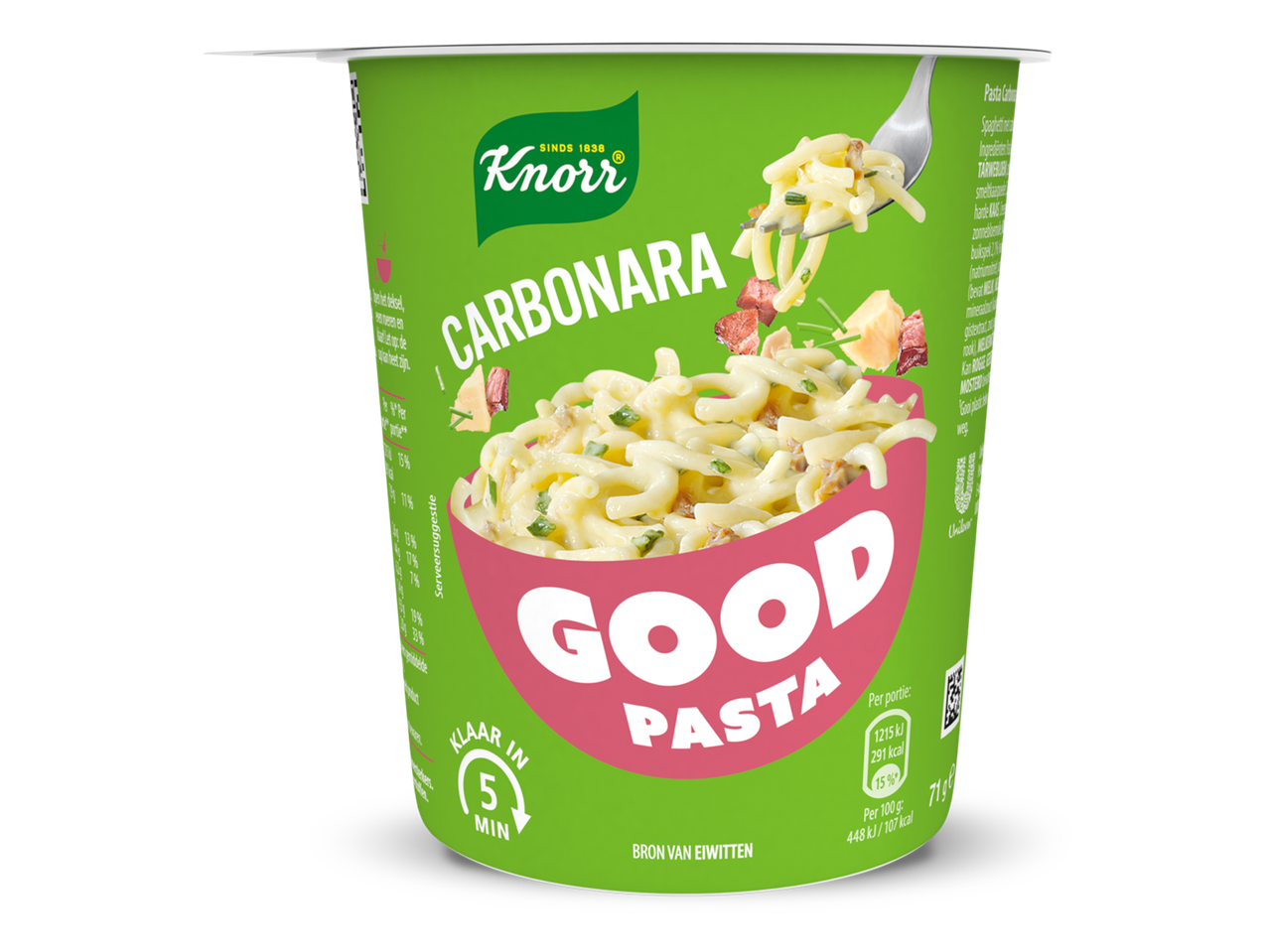 Klaar-in-5-minuten carbonara pasta in een groene beker.