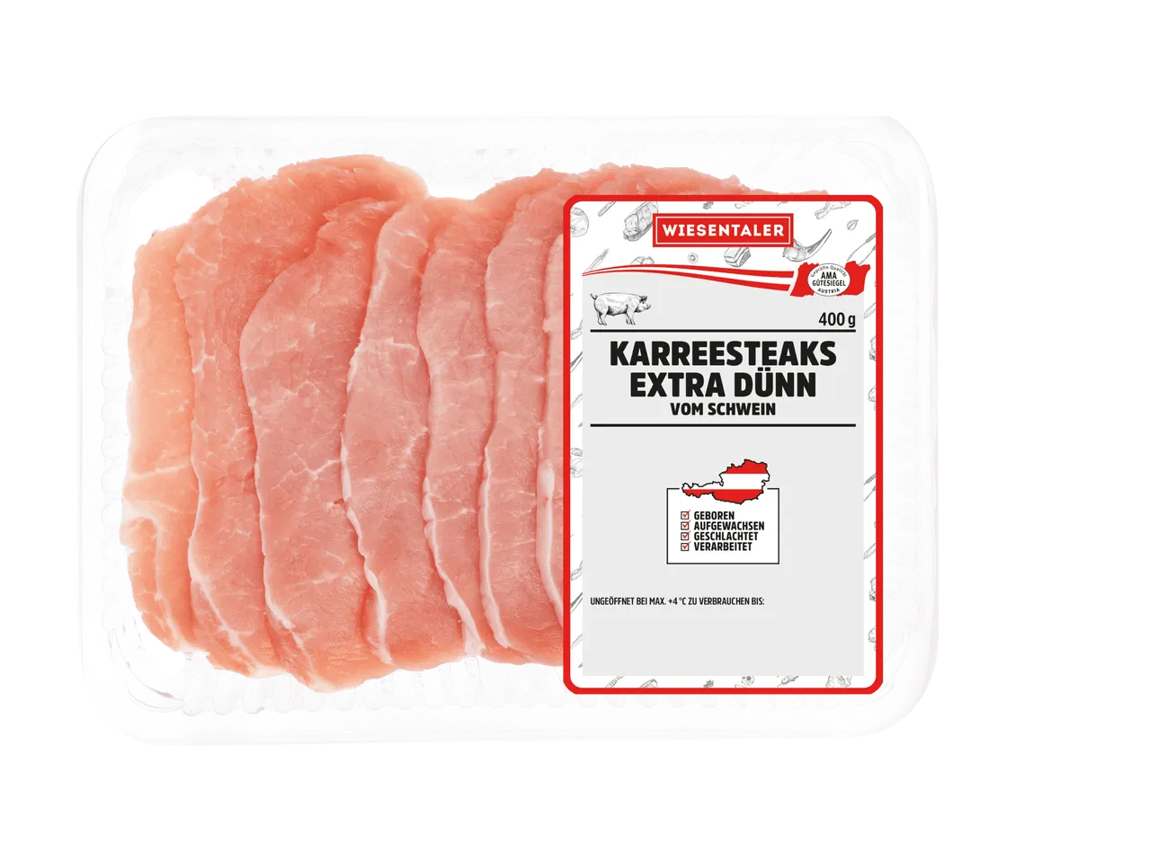 400g Wiesentäler Karreesteaks extra dünn vom Schwein in Plastikverpackung.