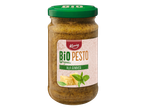 Een pot Kanig Bio Pesto Alla Genovese op een zwarte achtergrond.