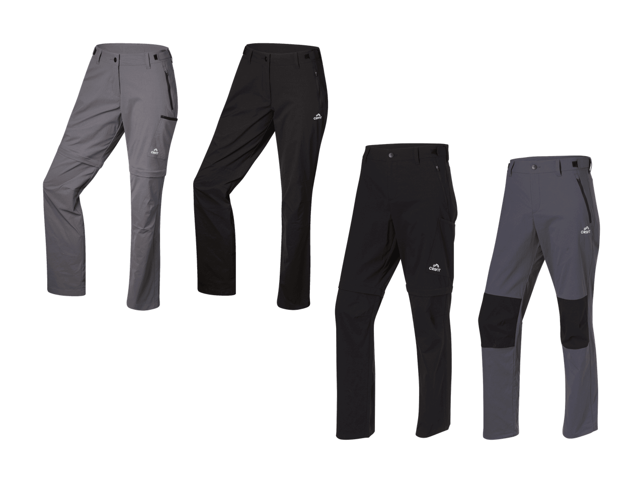 Vier Paar Crivit Wanderhosen, grau und schwarz, einige davon umwandelbar.