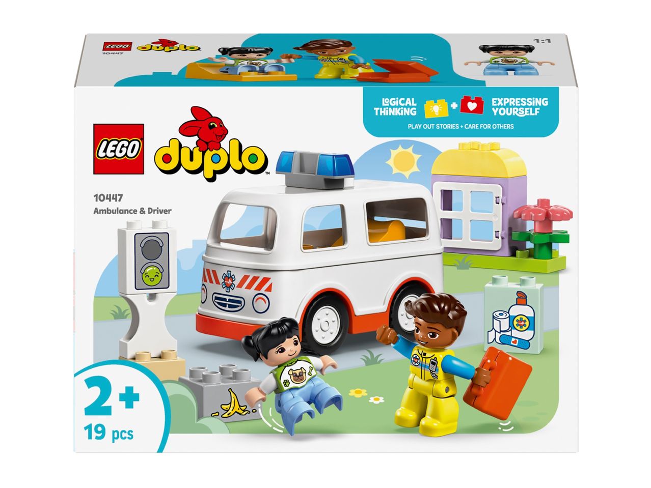 Toy ambulance and driver set with 19 pieces for ages 2+, promoting logical thinking and self-expression.