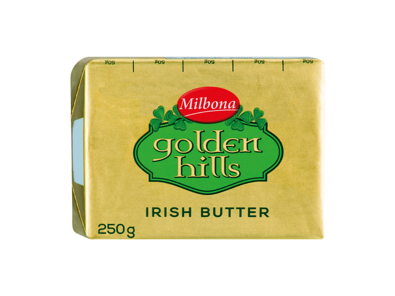 Златно масло с надпис „Golden Hills Irish Butter“ и тегло 250g.