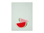 Light green kitchen towel with two watermelon slices, one red and one pink, with seeds.