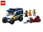 Police van, two minifigures in handcuffs, one minifigure holding a wanted poster, and a red motorcycle with a chain.