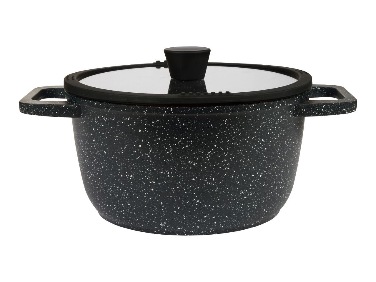 A black granite-textured pot with a glass lid and side handles.